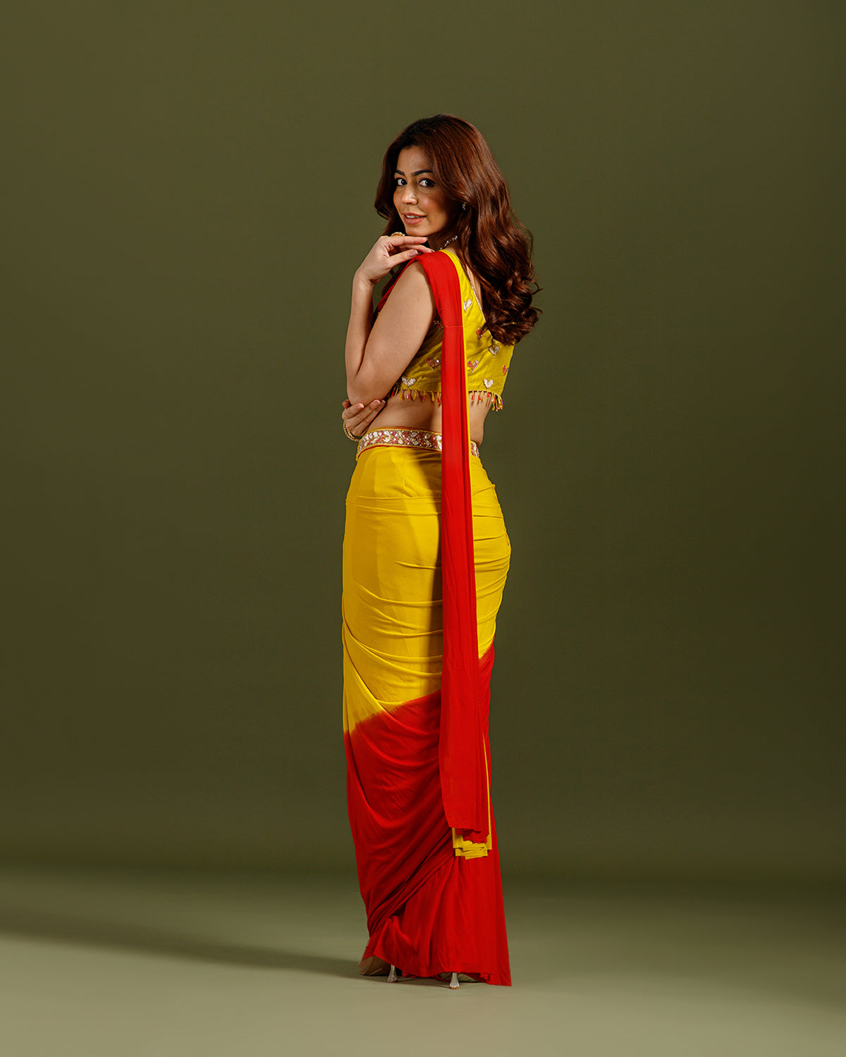 Yellow Lycra Drape Saree with Hand Work