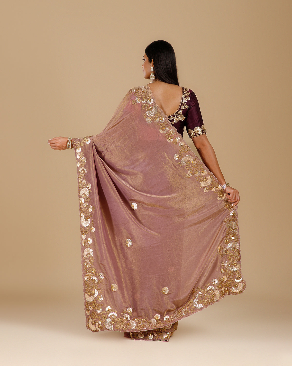 Dusty Mauve Tissue Georgette Saree with Gota Patti & Sequin Work - House of Surya