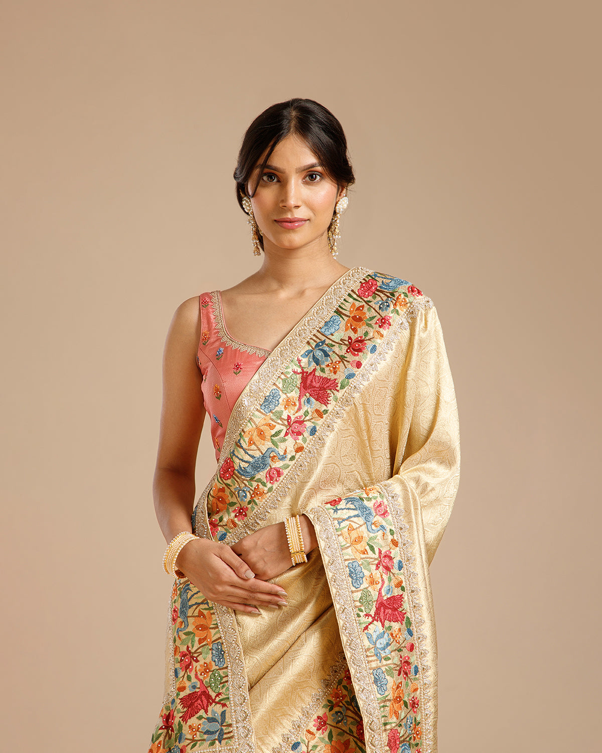 Beige Gold Tissue Silk Saree with Resham, Dori, Pearl & Sequin Work