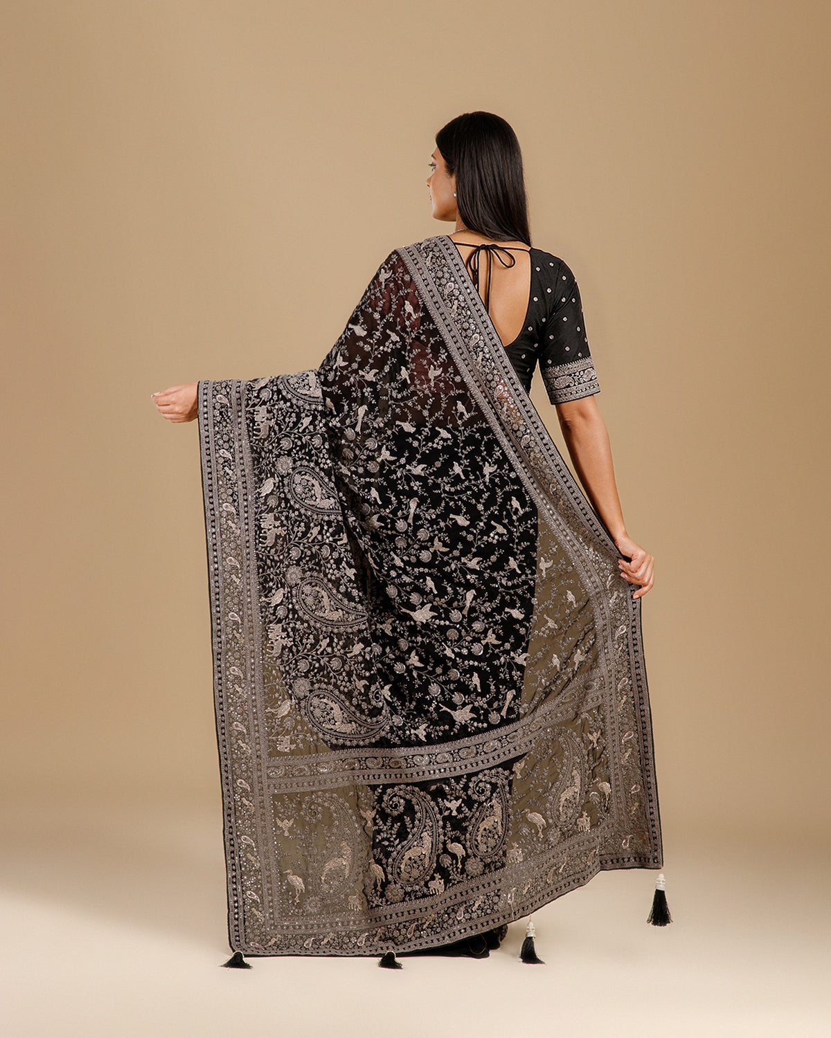 Black Georgette Kashmiri Saree with Traditional Embroidery Work