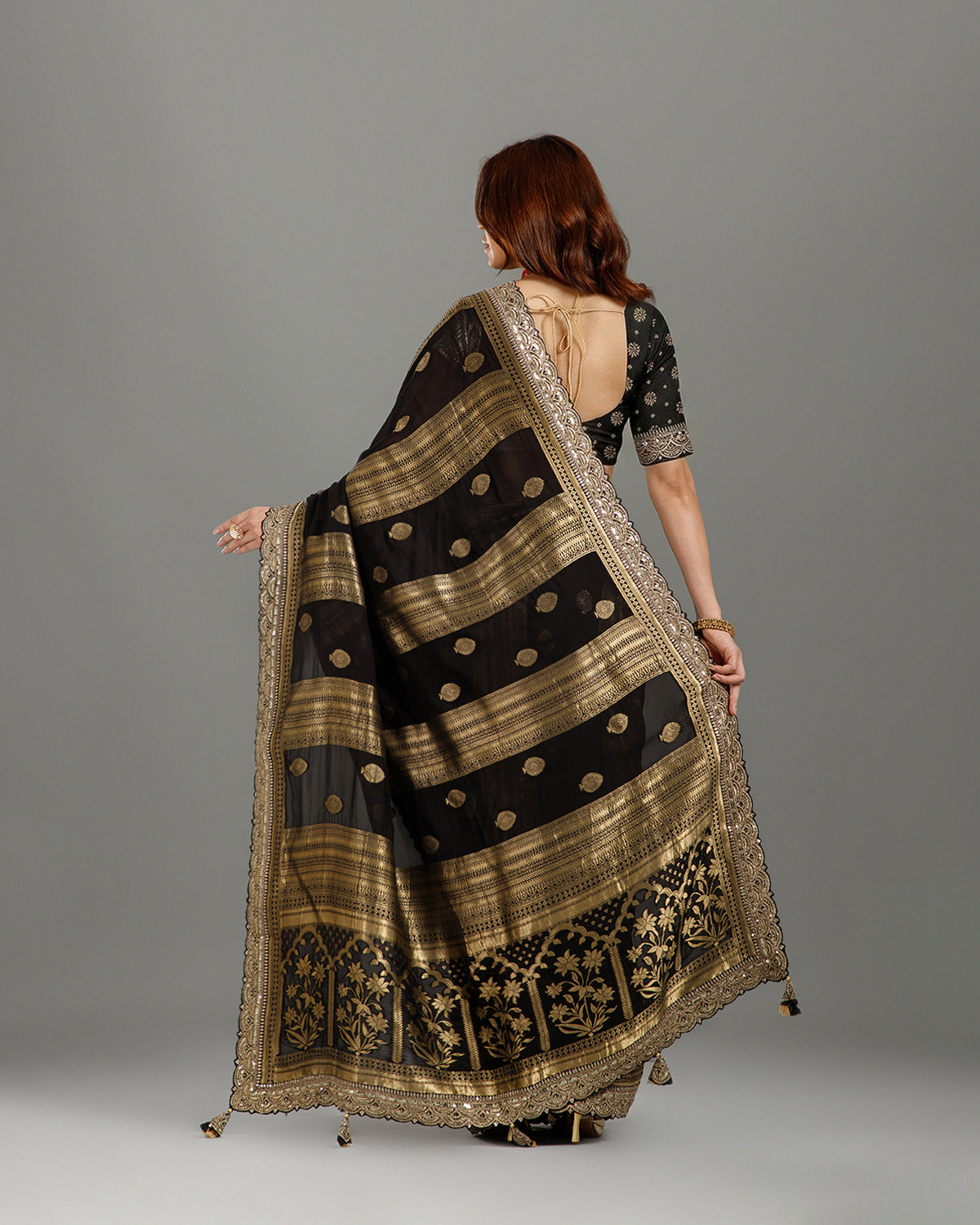 Designer Black Khaddi Georgette Saree with Sequin Work for Women - House of Surya