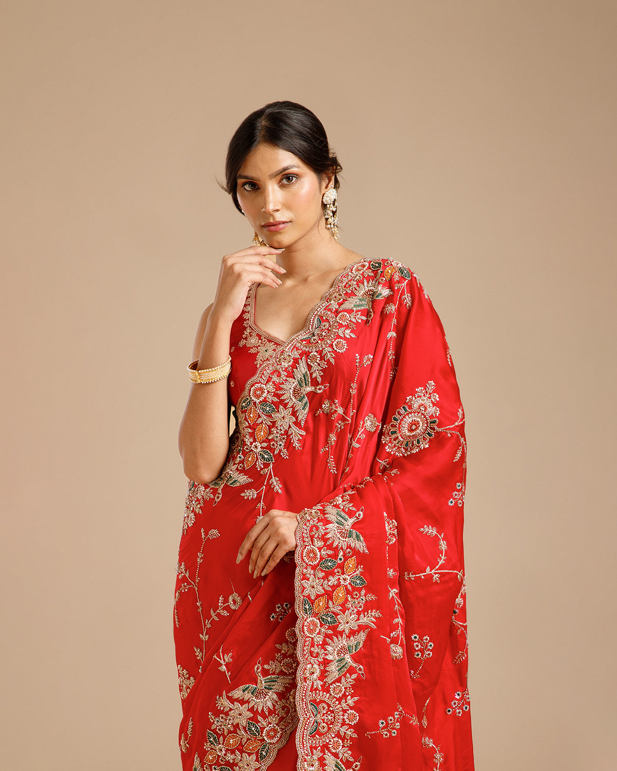Rani Satin Organza Saree with Beads, Nulki, Sequin, Moti, Resham & Zari Work