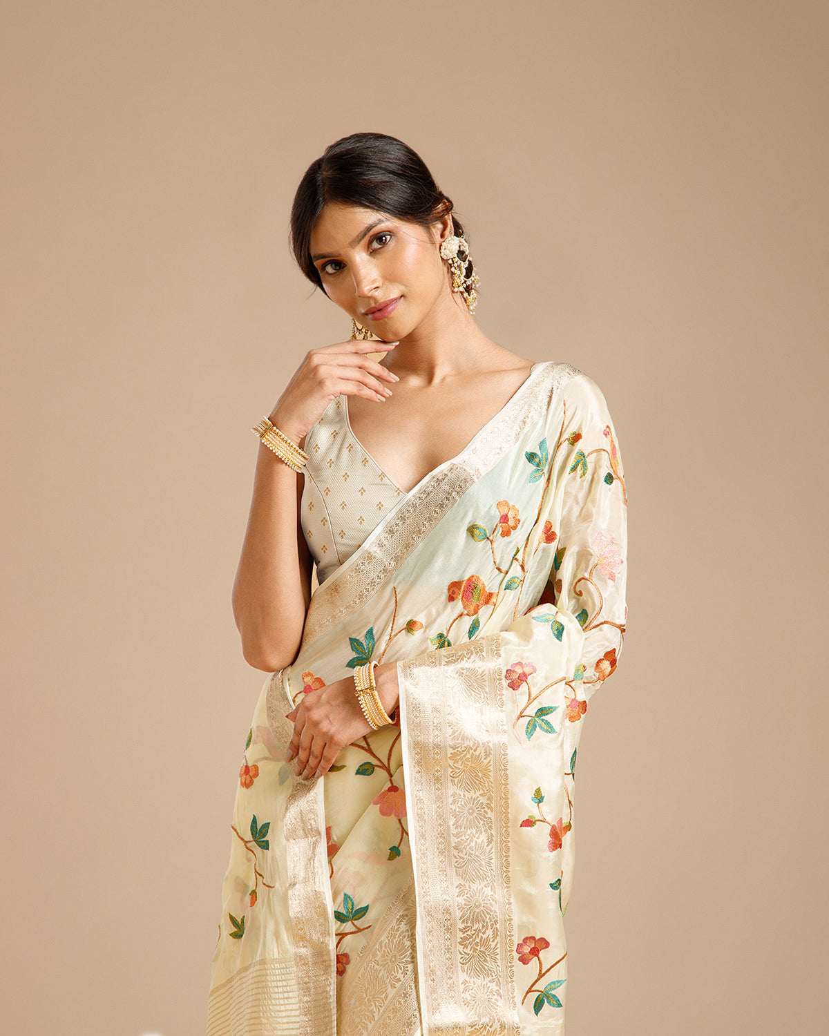 Ivory Crape Silk Saree with Resham Work