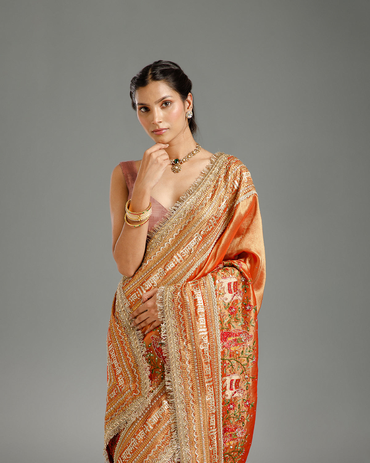 Rust Tissue Organza Saree with Resham, Zari, Dabka, Sequin & Gota Work