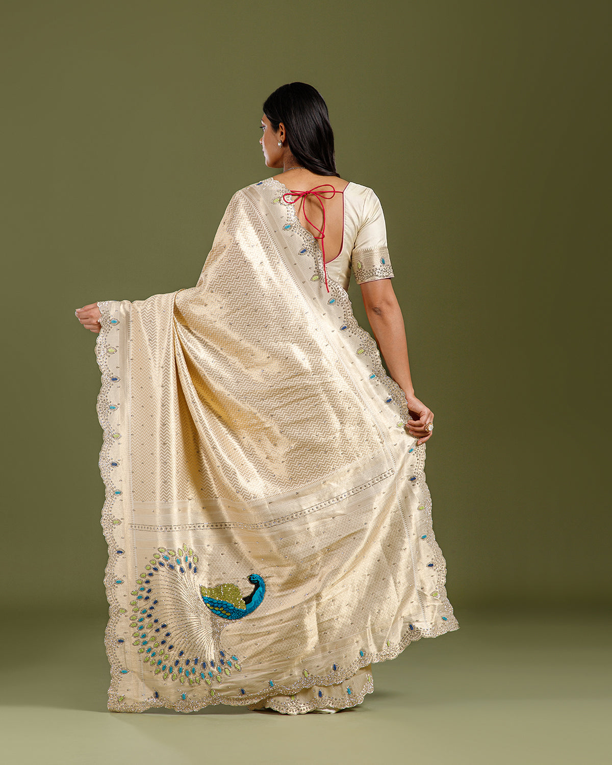 Luxury Ivory Silk Saree with Beads Work with Blouse