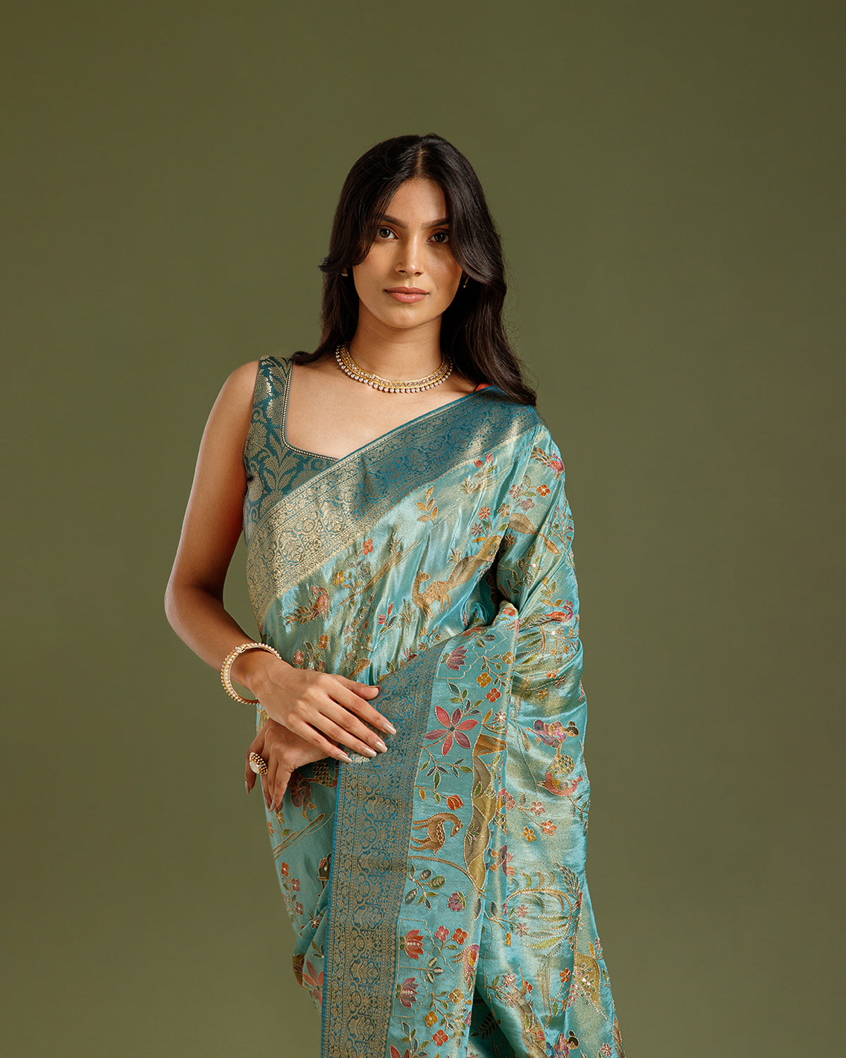 Pista Green Georgette Saree with Zari, Sequin & Zari Weaving