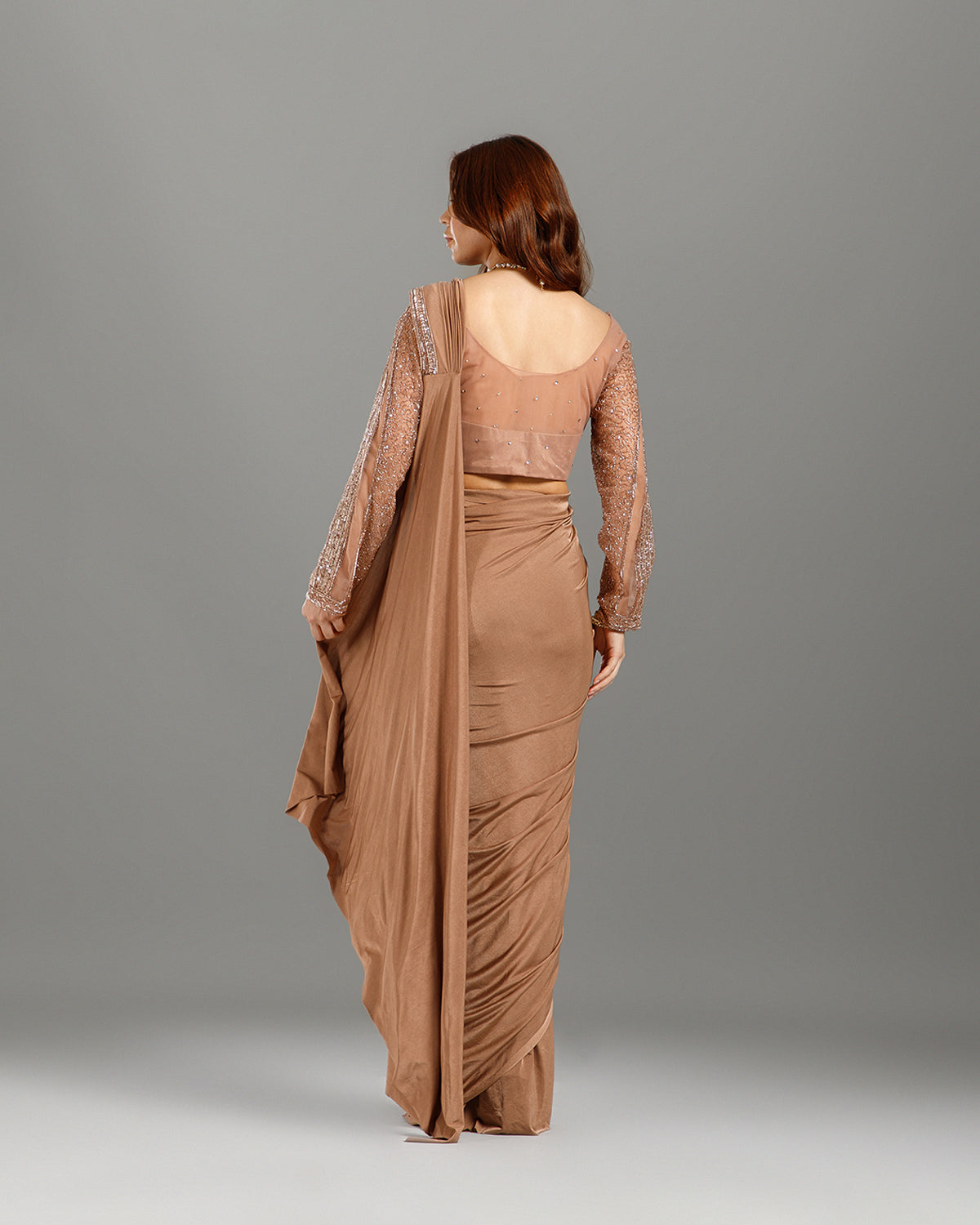 Chikoo Lycra Drape Saree with Hand Work