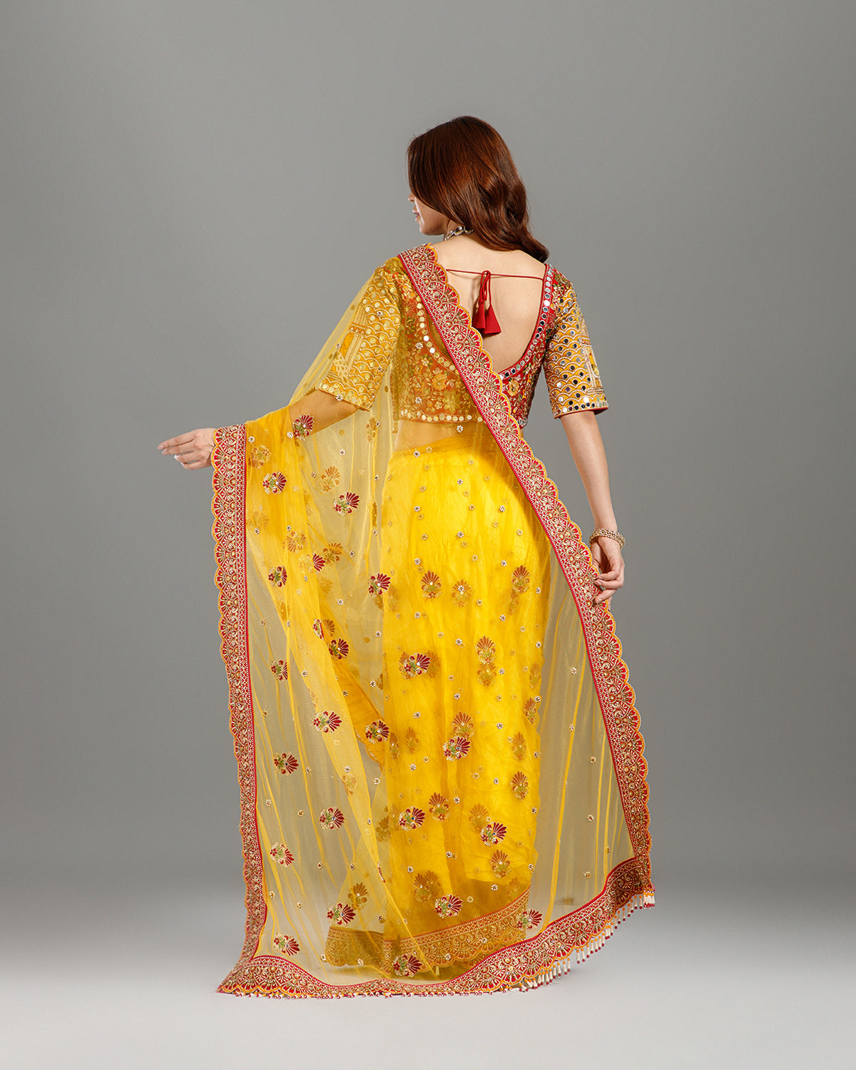 Yellow Net Saree with Sequence, Cutdana & Resham Work