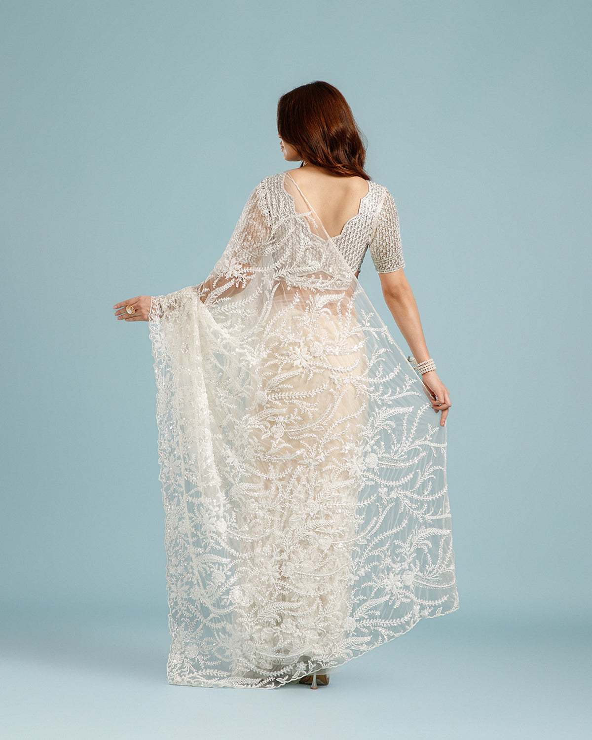 White Net Saree with Sequence & Cutdana Work