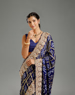 Navy Blue Satin Crepe Saree with Beads, Nulki, Zari, Moti, Kundan & Sequin Work