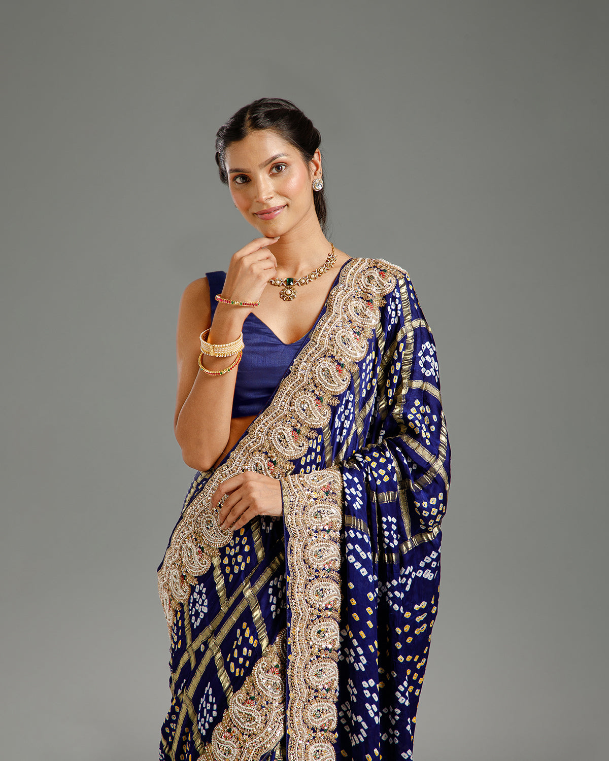 Navy Blue Satin Crepe Saree with Beads, Nulki, Zari, Moti, Kundan & Sequin Work