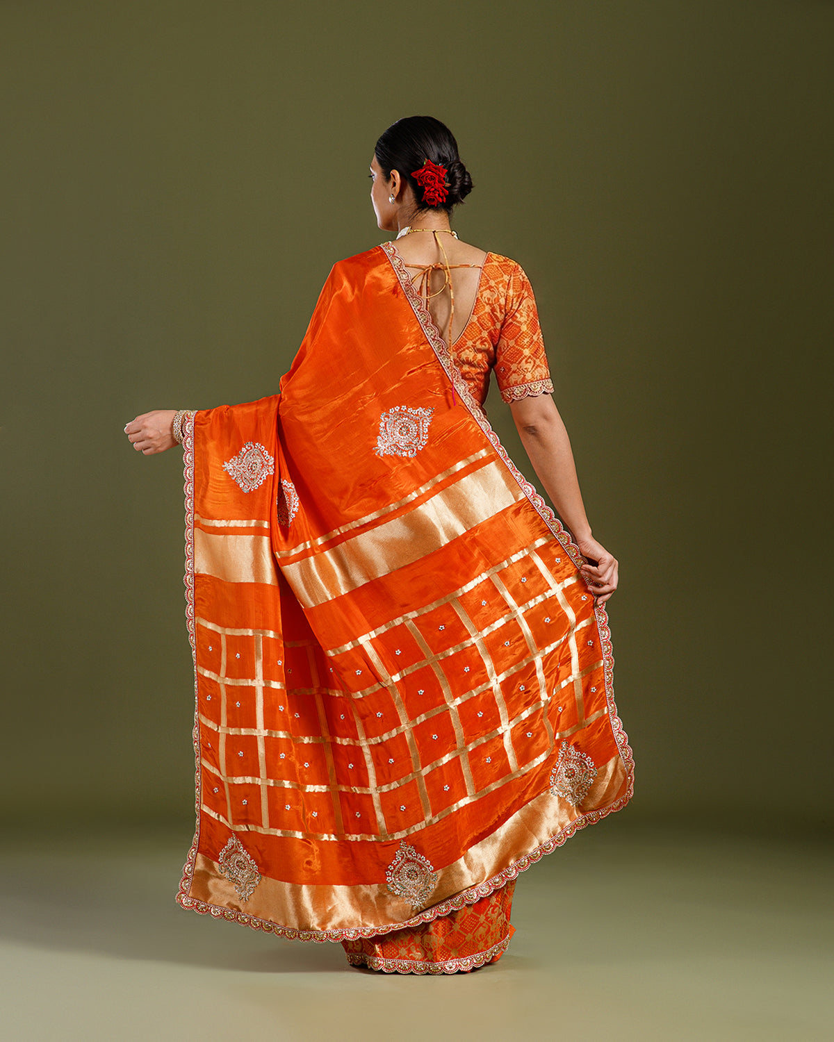 Rust Dola Silk Saree with Cutdana, Dabka & Beads Work - House of Surya