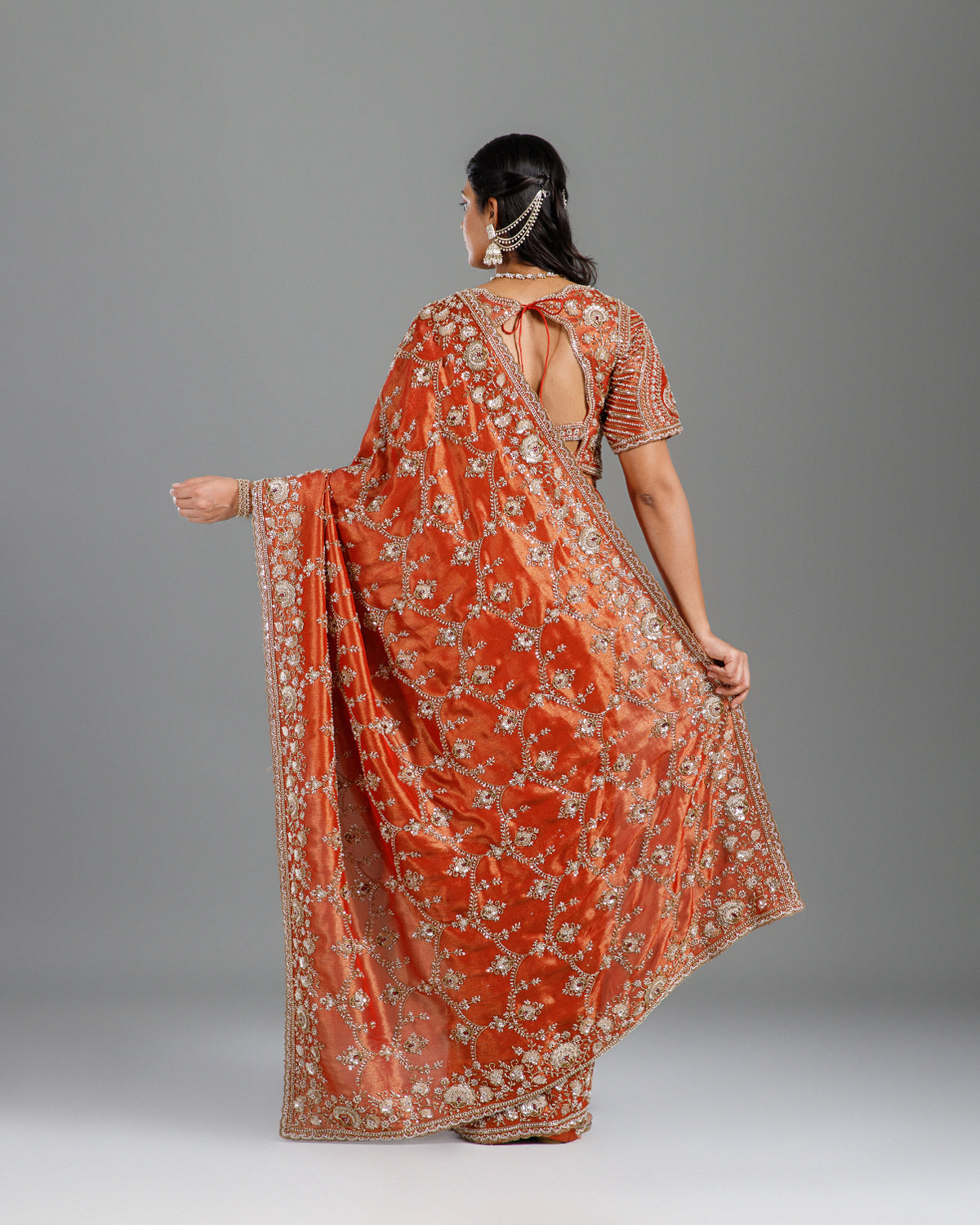 Rust Tissue Saree with Self Weave, Cutdana & Beads Work - House of Surya