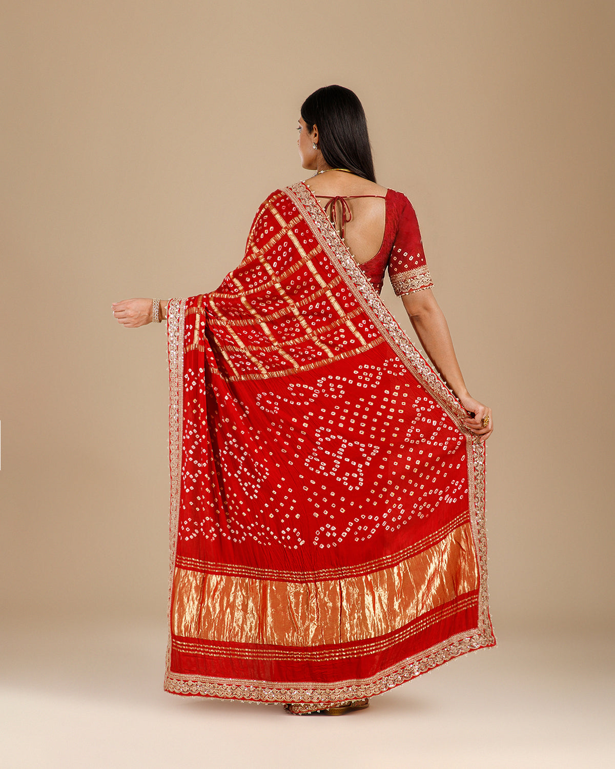 Red Gajji Silk Gharchola Saree with Bead Work - House of Surya