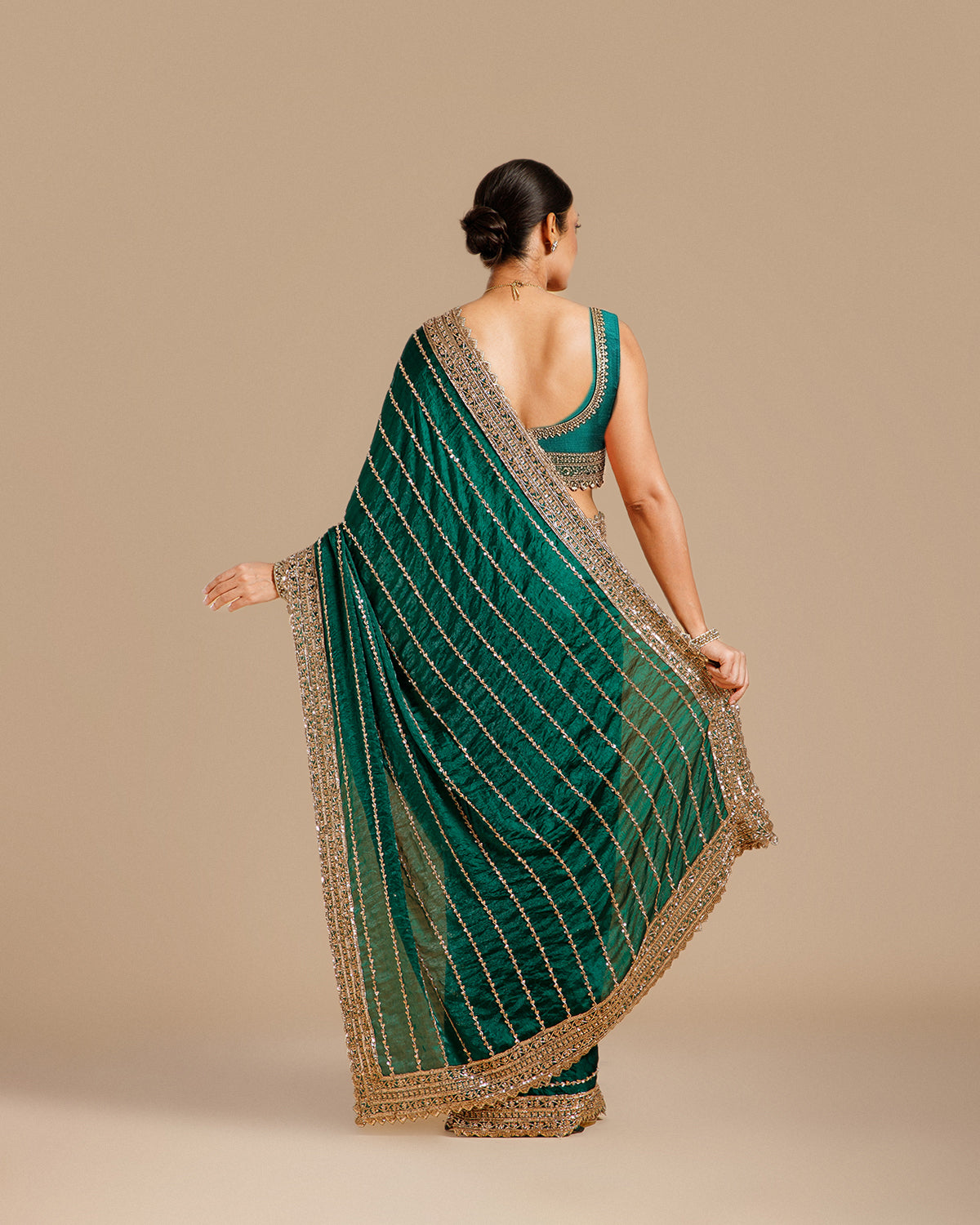 Bottle Green Fendy Organza Saree with Beads & Sequin Work
