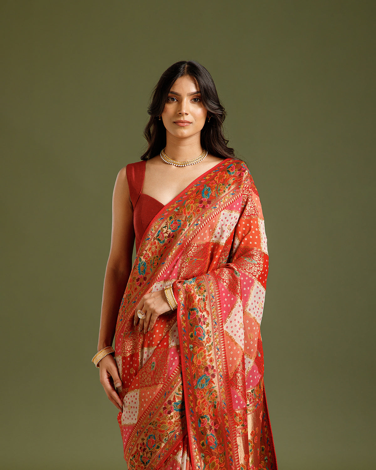 Multicolor Red Georgette Saree with Zari Weaving