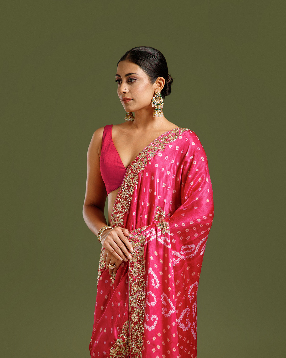 Magenta Pink Satin Crepe Saree with Nulki, Dabka & Gota Patti Work