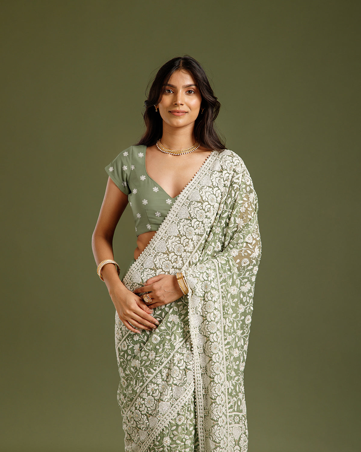 Pista Green Georgette Saree with Resham, Zari & Sequin Work