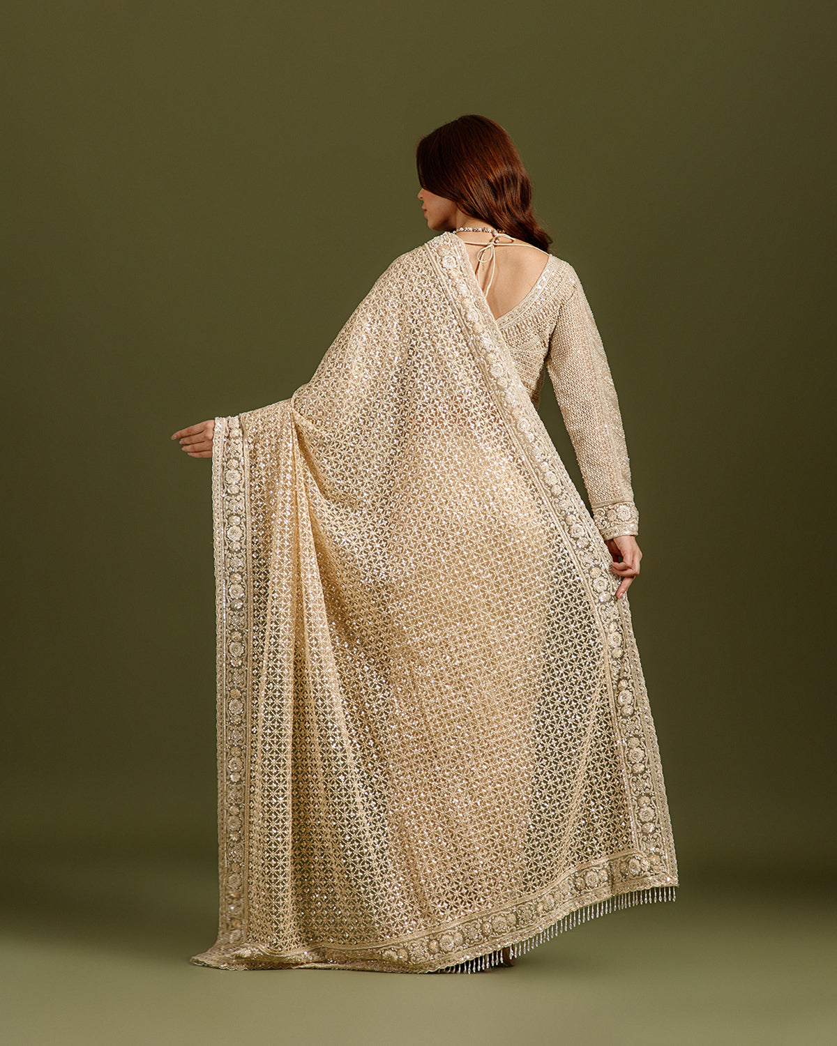 Ivory Net Saree with Sequence & Bead Work - House of Surya