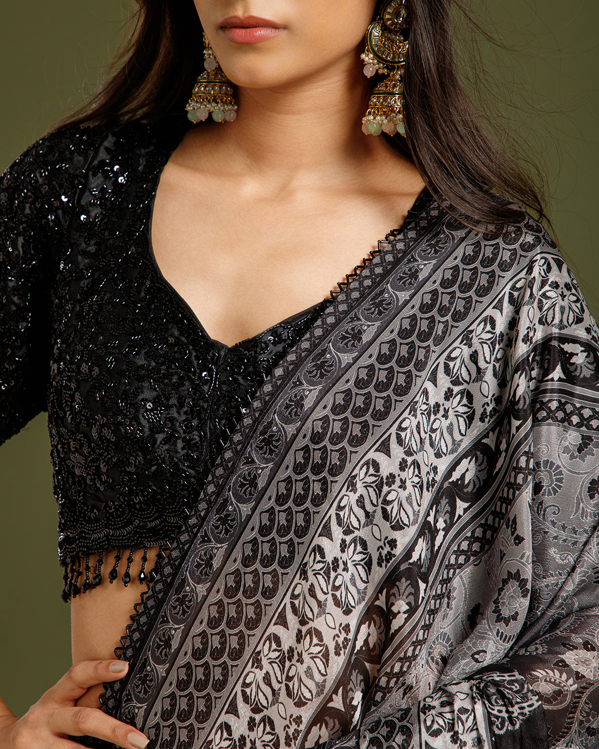 Black Chinon Crepe Saree with Nulki Work