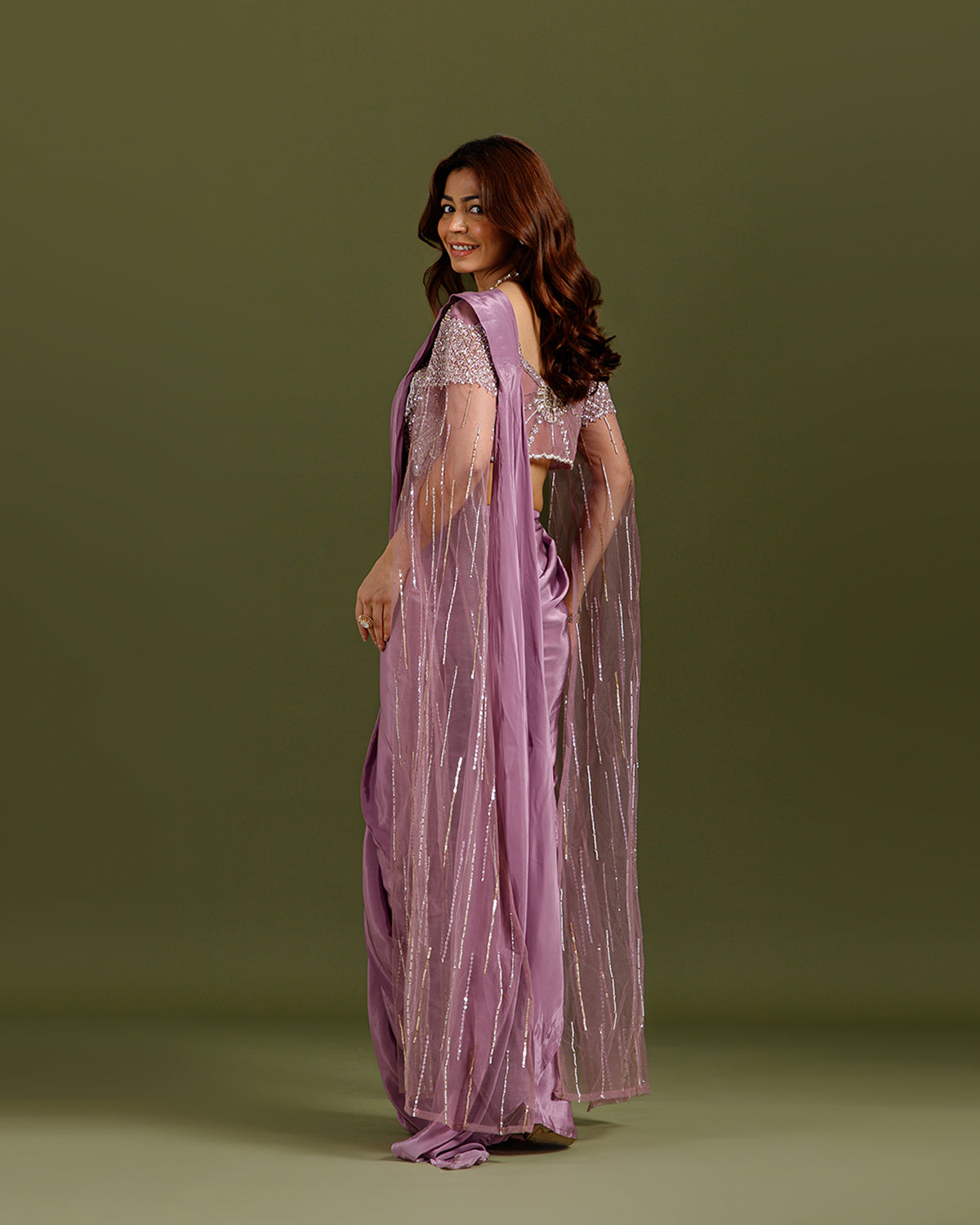 Mauve Crepe Drape Saree with Hand Work
