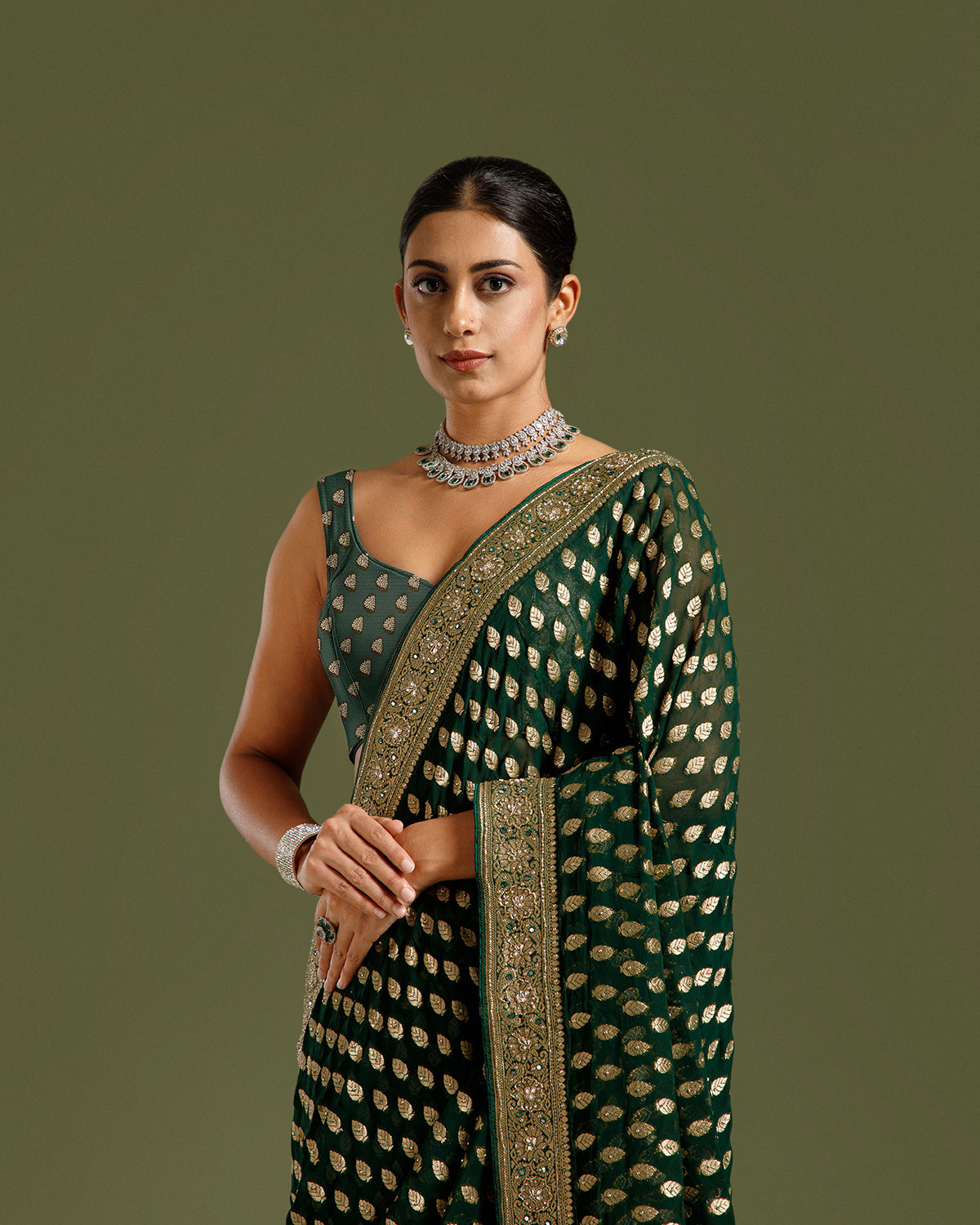 Bottle Green Georgette Saree with Dabka, Nulki, Mirror & Kundan Work