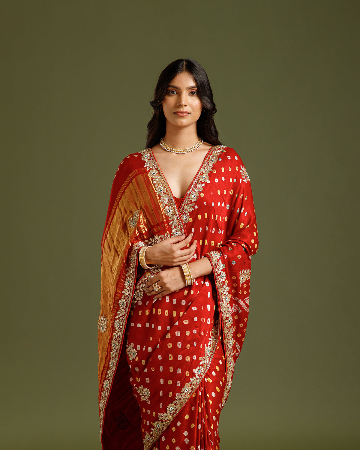 Maroon Satin Crepe Saree with Nulki, Gota Patti, Kundan & Moti Work
