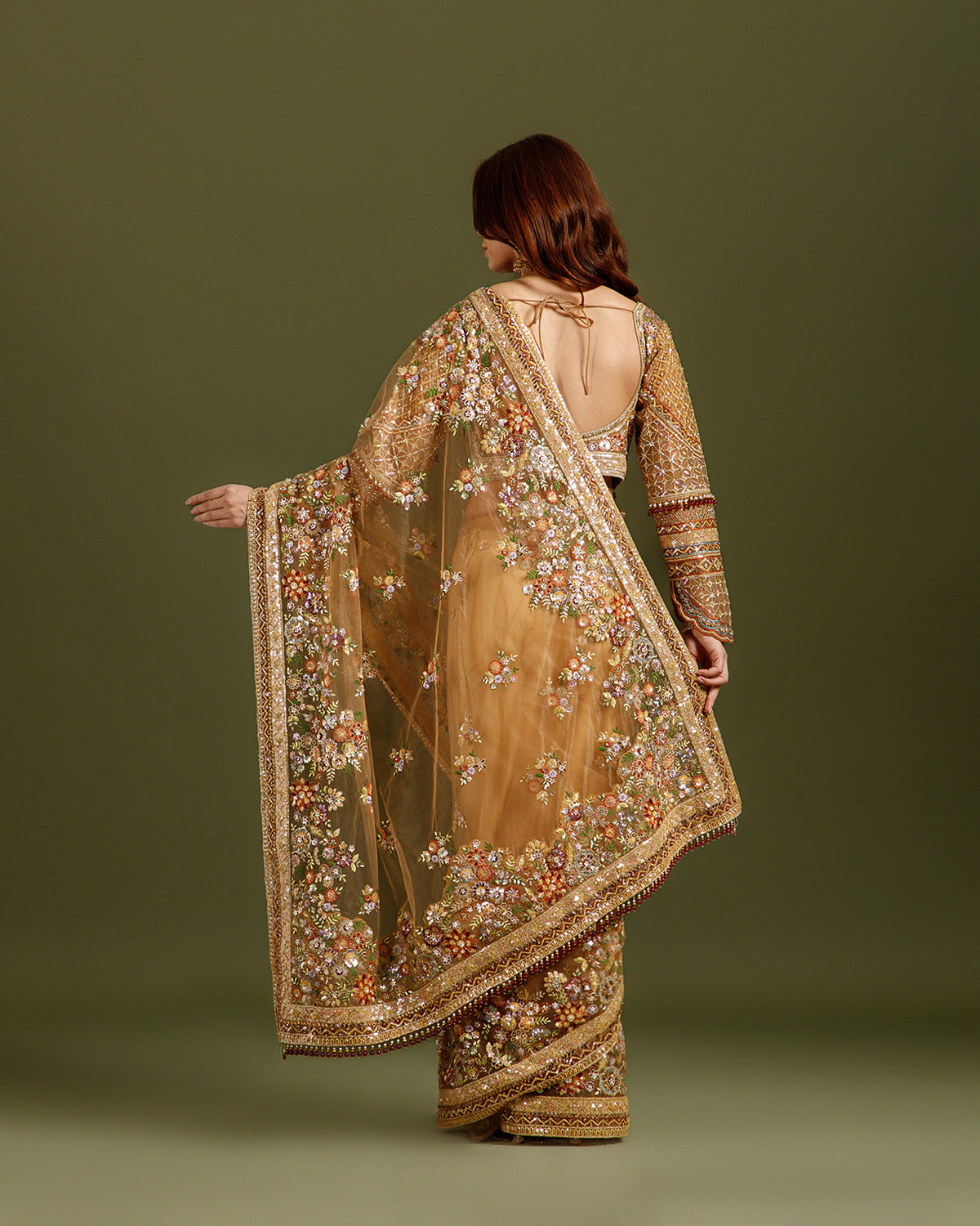 Golden Net Saree with Resham & Sequence Work - House of Surya