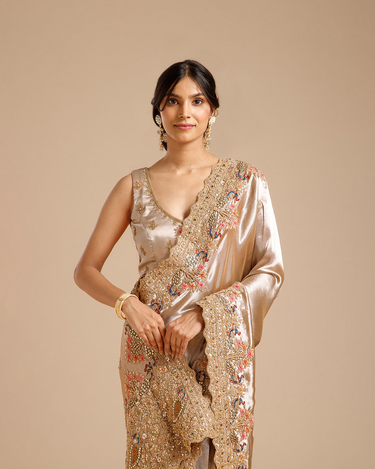 Mouse Color Tissue Silk Saree with Dori, Sequin, Nulki, Resham & Kundan Work