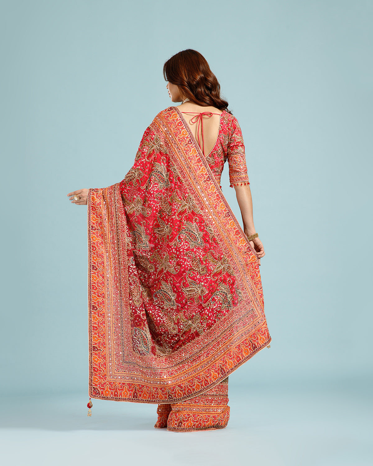 Wine Satin Silk Saree with Multicolor Sequence & Zari Work