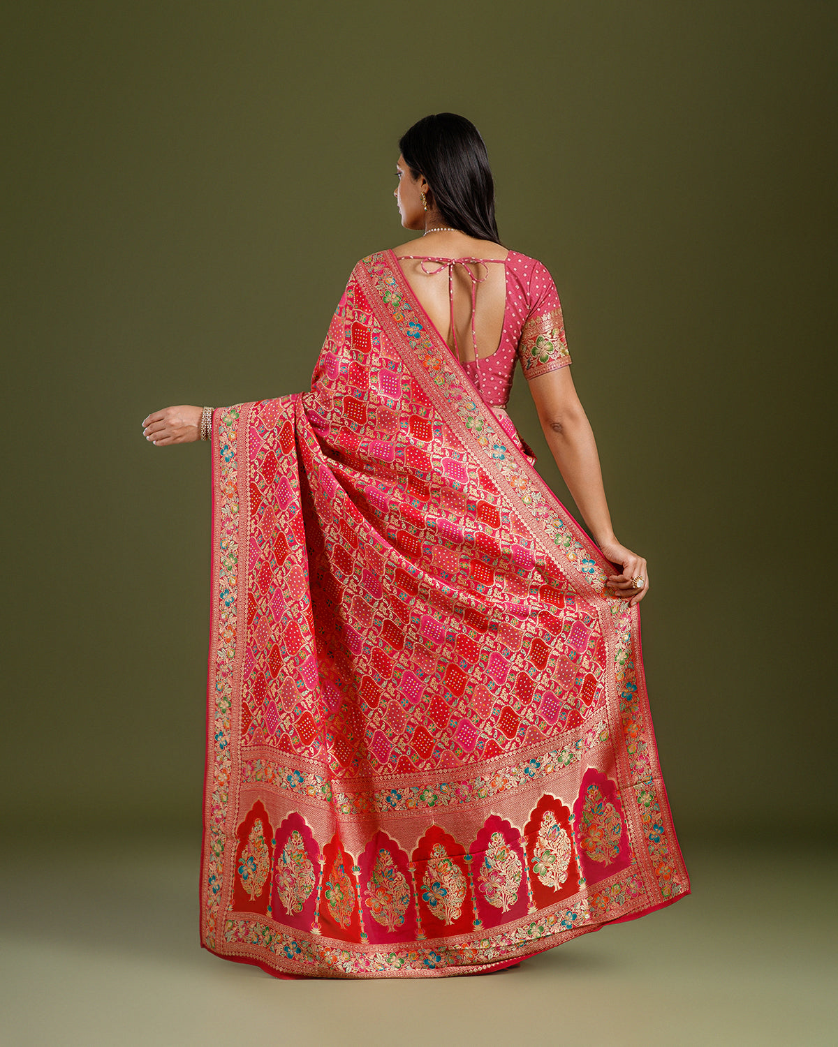Rani Bandhej Khaddi Georgette Saree with Meenakari Weaving - House of Surya