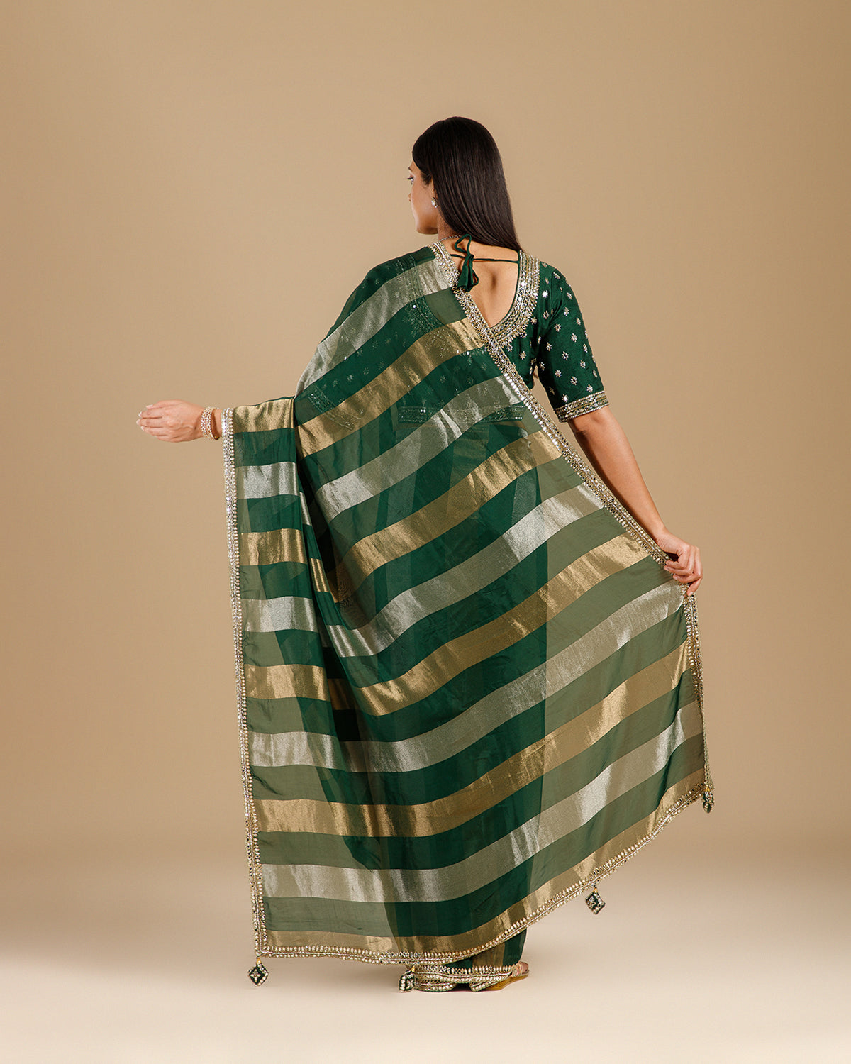 Green Tissue Organza Saree with Kundan & Sequence Work - House of Surya