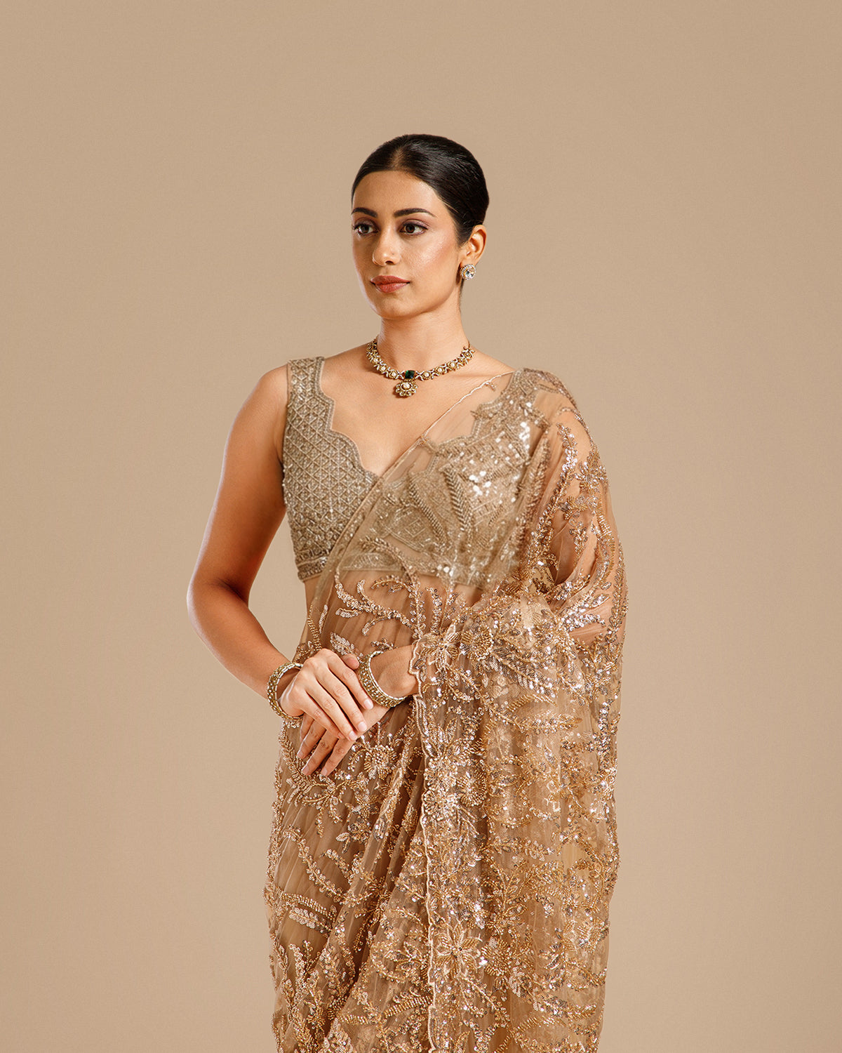 Rose Gold Net Saree with Nulki, Sequin & Moti Work