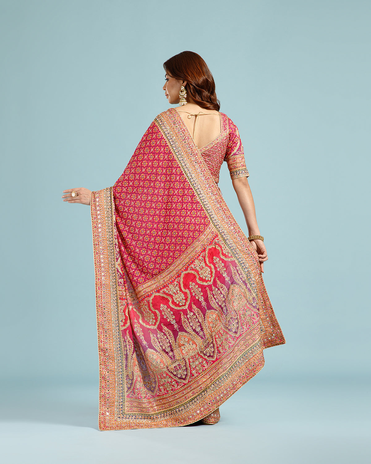 Wine Printed Crepe Silk Saree with Sequence, Cutdana & Aari Work