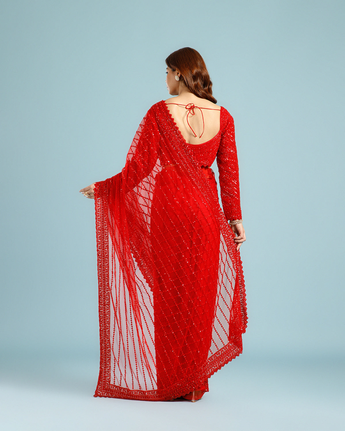 Designer Red Net Saree with Sequence, Bead & Cutdana (Nulki) Work