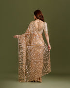Golden Net Saree with Sequin & Bead Work - House of Surya