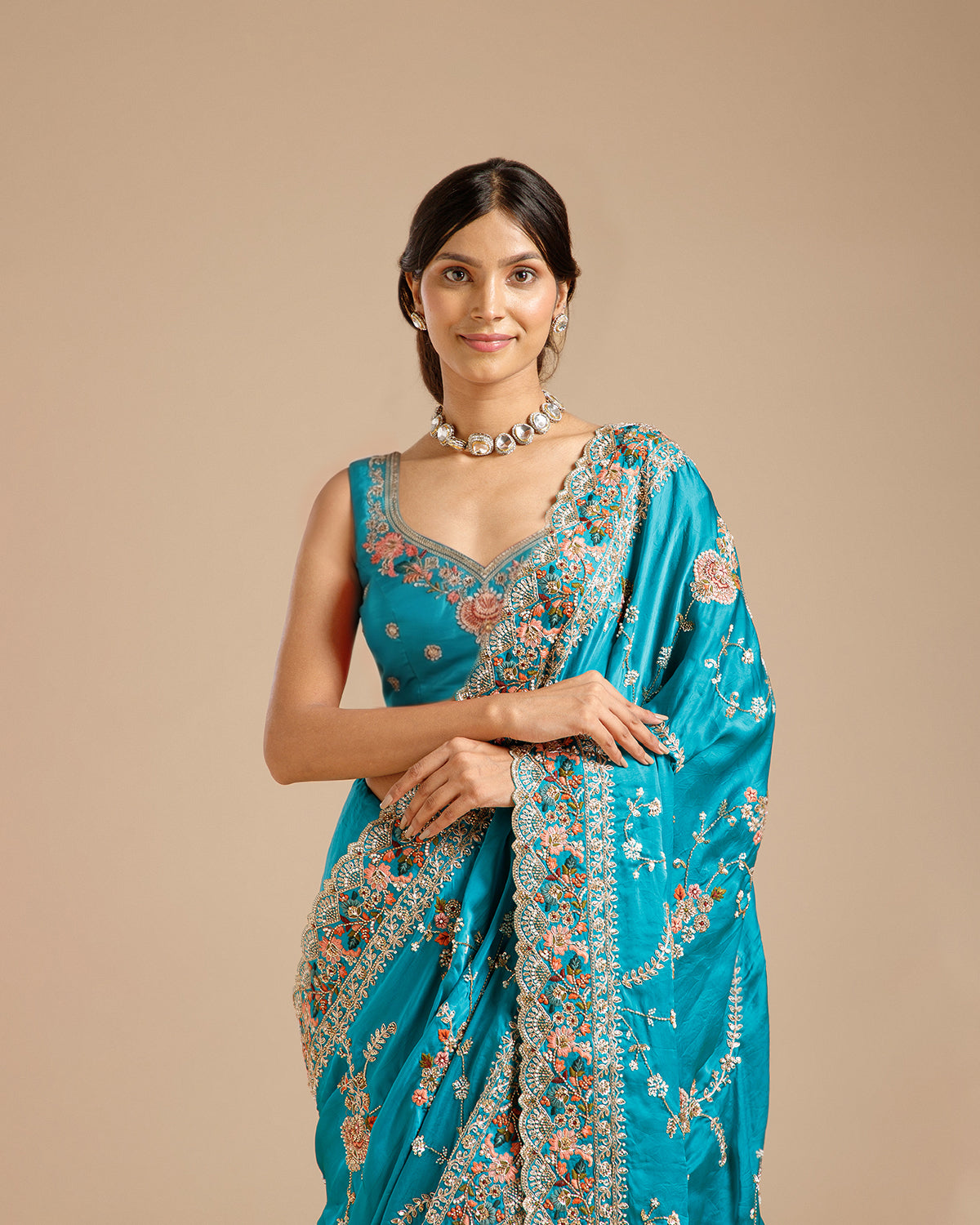 Firozi Satin Organza Saree with Beads, Nulki, Sequin, Moti, Resham & Zari Work