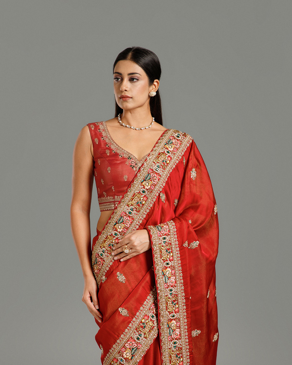 Maroon Satin Organza Saree with Resham, Beads, Sequin & Pearl Work