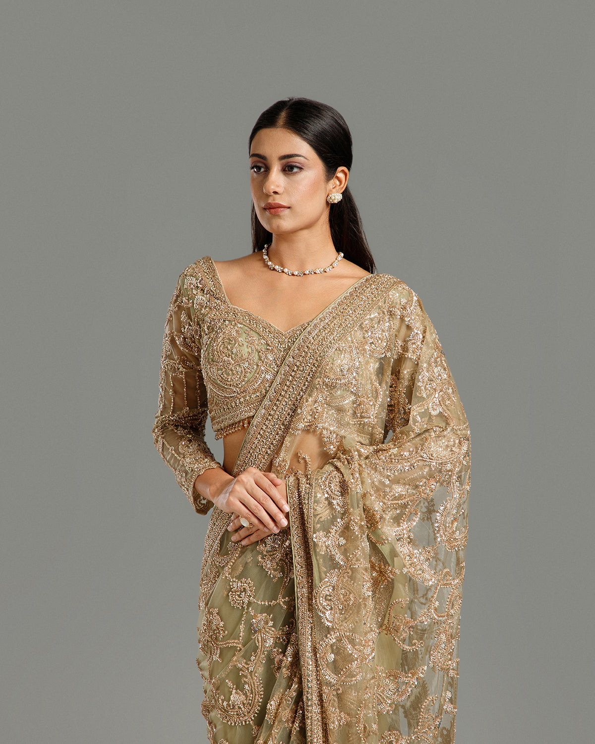 Pista Green Net Saree with Nulki & Sequin Work
