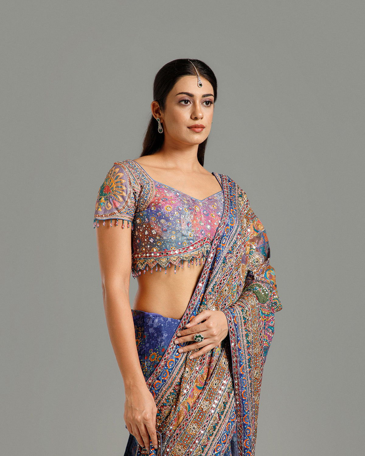 Multi Blue Chinon Crepe Saree