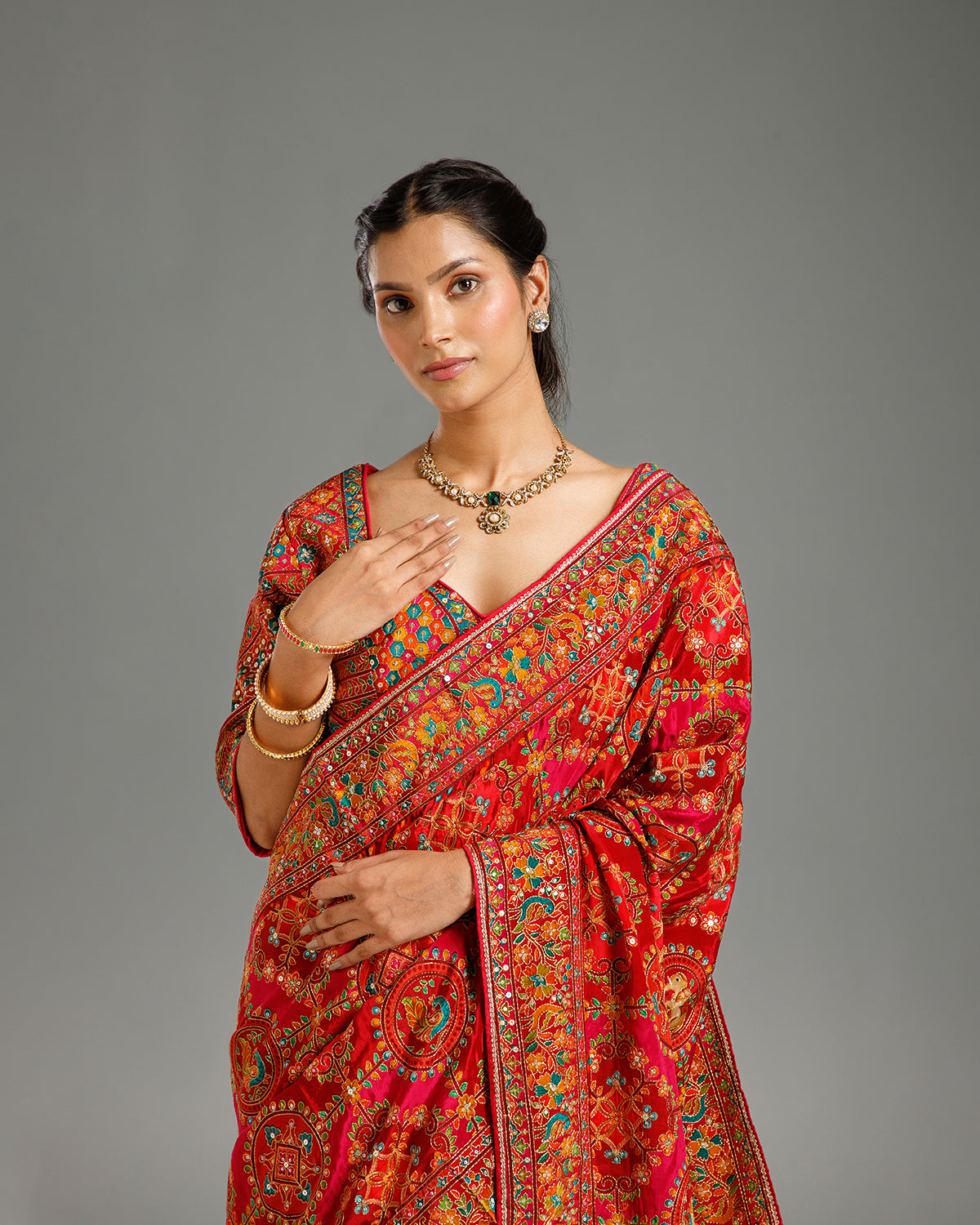 Multi Red Chinon Saree with Resham & Foil Work