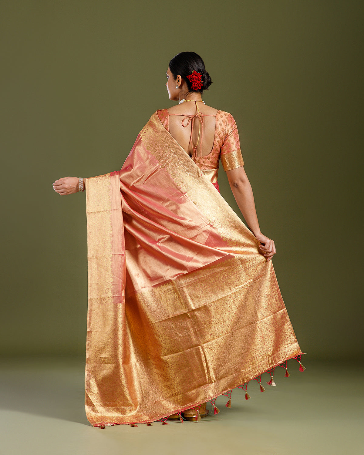 Gajari Tissue Silk Saree with Elegant Self Weaving Design - House of Surya
