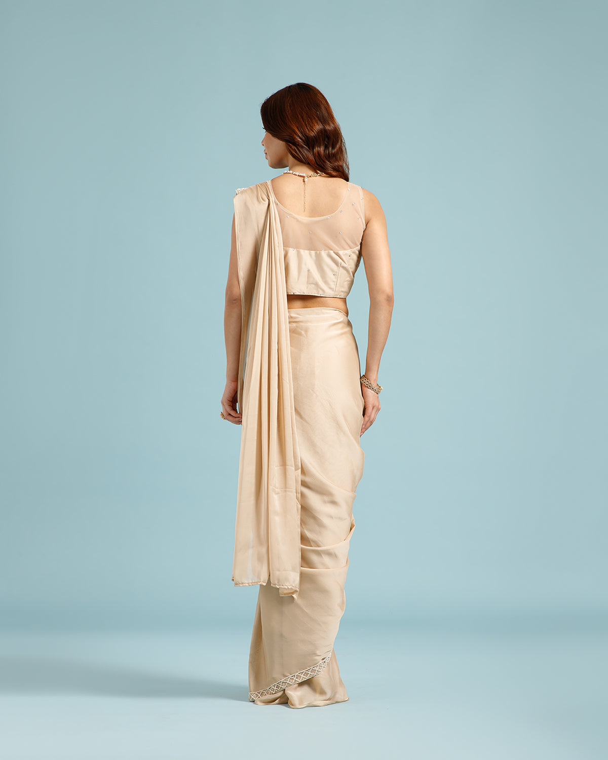 Beige Georgette Drape Saree with Hand Work - House of Surya