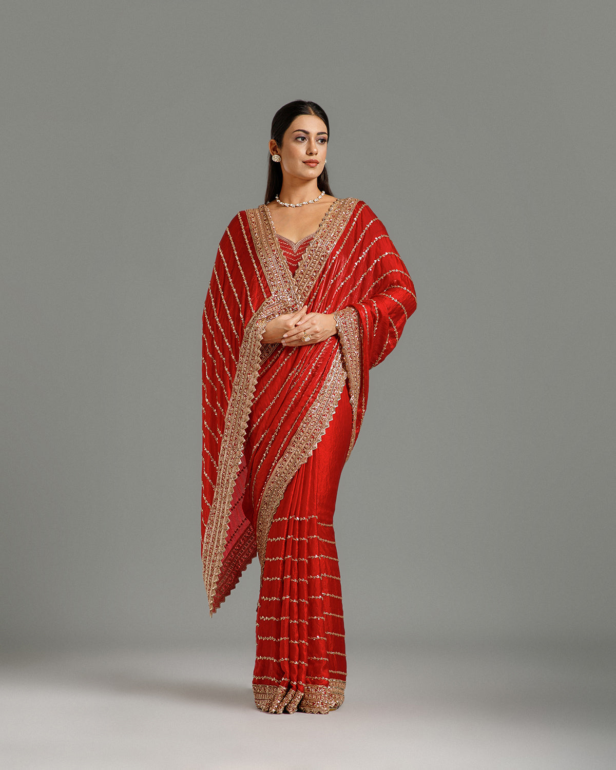 Red Fendi Organza Saree with Beads, Nulki & Sequin Work