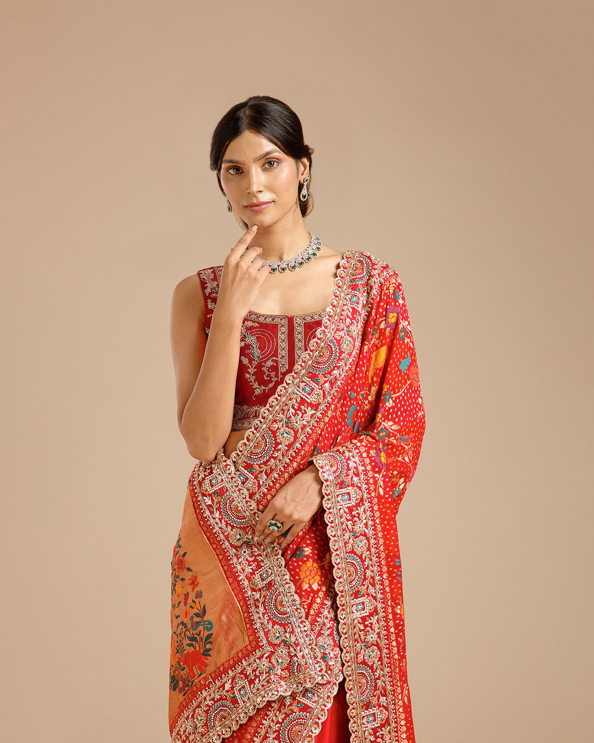 Rani Georgette Saree with Satin Organza, Beads, Nulki, Dori, Moti & Sequin Work