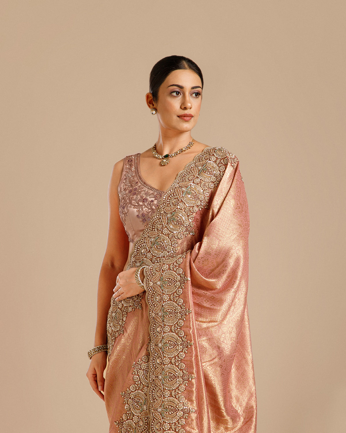 Onion Tissue Silk Saree with Nulki, Sequin, Pearl & Resham Work