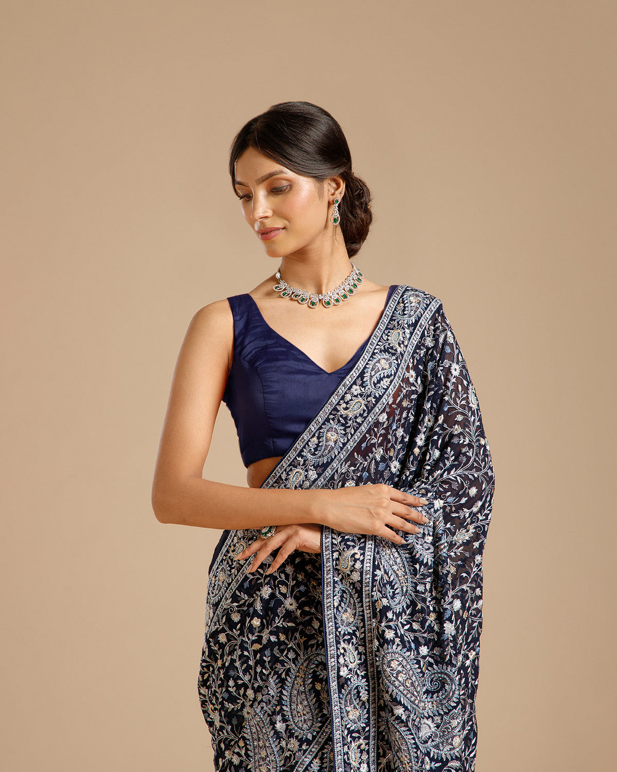 Navy Blue Georgette Saree with Resham & Nulki Work
