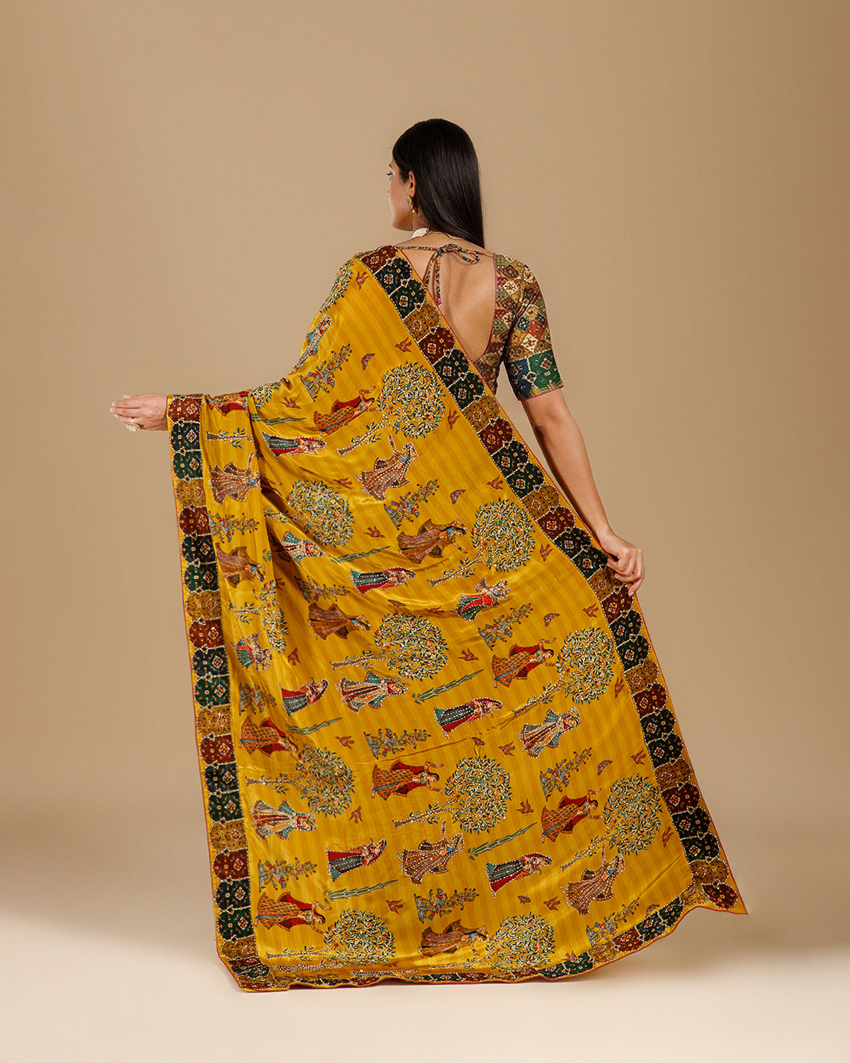 Yellow Crepe Saree with Intricate Katha Work - House of Surya