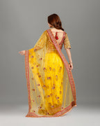 Yellow Net Saree with Sequence, Cutdana & Resham Work - House of Surya