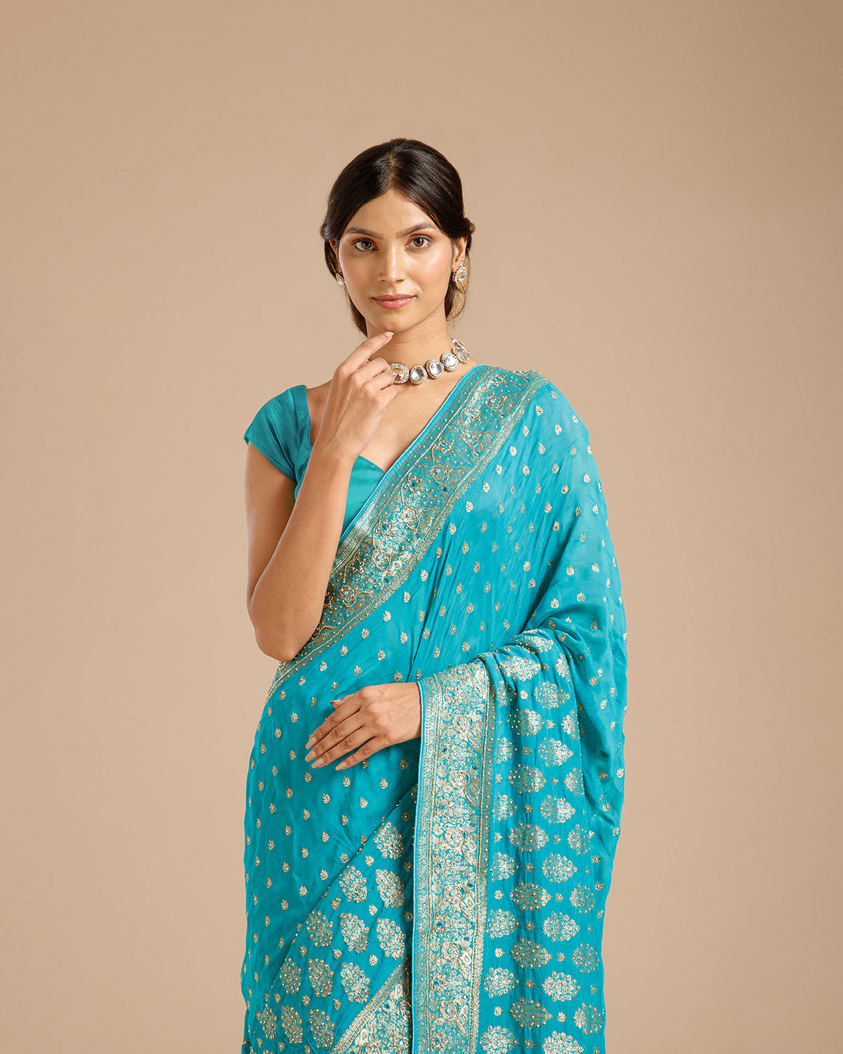 Firozi Georgette Saree with Dabka, Nulki & Mirror Work